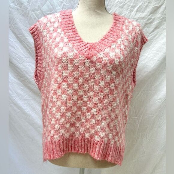 FRNCH Checkered Sweater Vest Pink White Medium/Large - Picture 1 of 7